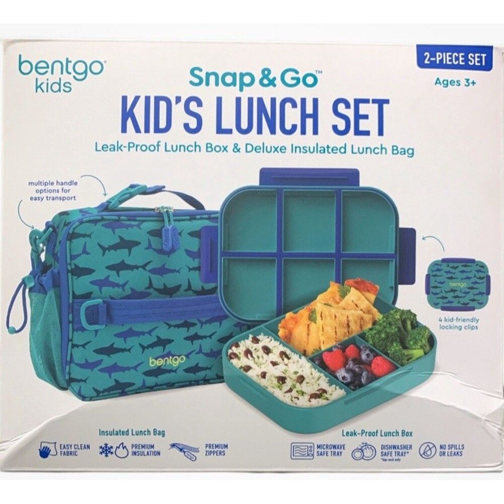 Bentgo Kids Snap & Go Kid's Leak-Proof Lunch Box Insulated Lunch Bag Set Sharks
